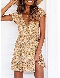 Bigyonger - Vestido bohemio con estampado floral, con botones en la parte inferior, cuello en V, volantes, para playa, mini vestidos