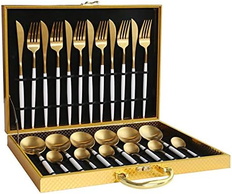 Flatware Set 24-Pieces Stainless Steel Gold Black White Titanium Coral-Red Blue Service for 6 Senior Restaurant Wedding Family Holiday Party Gift Knife/Fork/Spoon Elegant Packaging (White)