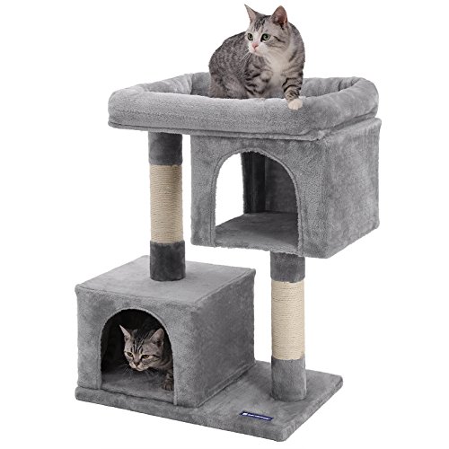Feandrea Cat Tree, 33.1-Inch Cat Tower, Plush Condo for Large Cats up to 16 lb, Large Perch, 2 Caves, Scratching Post, Light Gray UPCT61W