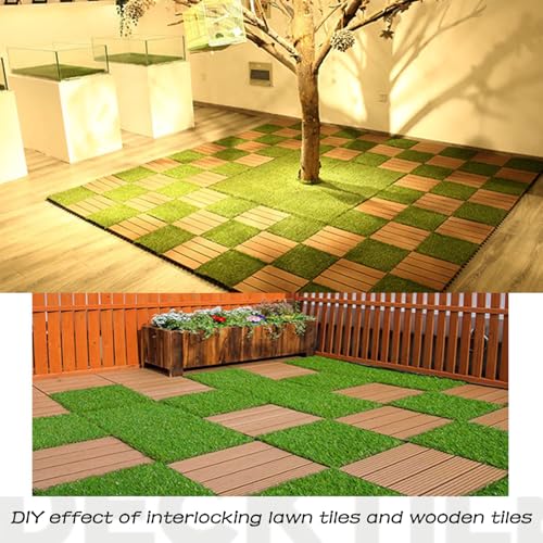 Dsocool Outdoor Artificial Grass Tiles Interlocking Turf Squares 10 Pack, 30×30cm Fake Grass Mat for Balcony Patio Deck Flooring Decor, Self-draining, 1 Square Meter