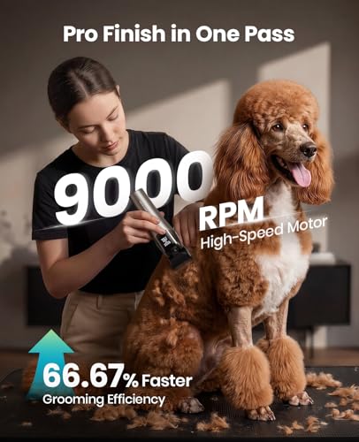 oneisall Professional Dog Grooming Clippers for Thick Hair at Home | 9000RPM, 5-Speed, 5-in-1 DLC Blade, 280-Min Runtime, Low Noise, Magnetic Head, 8 Metal Guide Combs, Cordless, Carrying Case