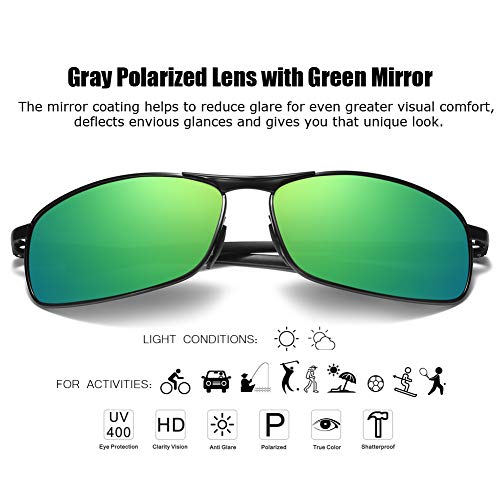 ZHILE Rectangular Polarized Sunglasses Al-Mg Alloy Temple Spring Hinge UV400 (Black/Green, Green mirrored)