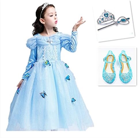 Titanos Little Girl Cinderella Princess Dress,Long Sleeve and Short Sleeve Party Costume Dress with Accessories (Blue, 9-10Years)