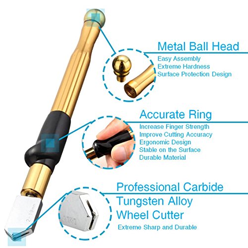 Professional Carbide Tungsten Alloy Handle Glass Cutter Tool with Range 2-19mm Self-Oiling for Thick Glass Bottle Mosaic and Tiles Stained Glass - Pencil Shape & Design - Thumbnail 3