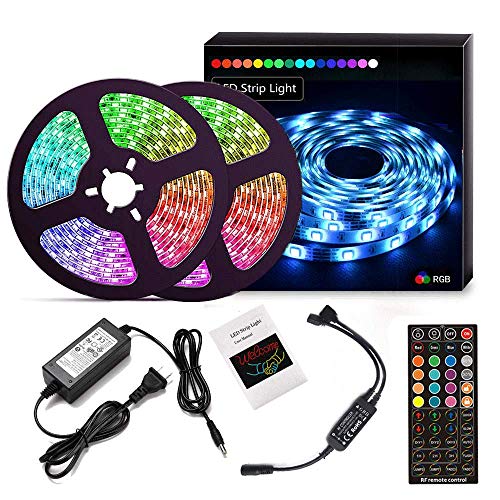 LED Light Strip Kit RF Remote 2x5m(Total 32.8ft) 5050 RGB 300led Strips Lighting Flexible Color Changing with 44 Key Controller 12V 5A Powe Supply