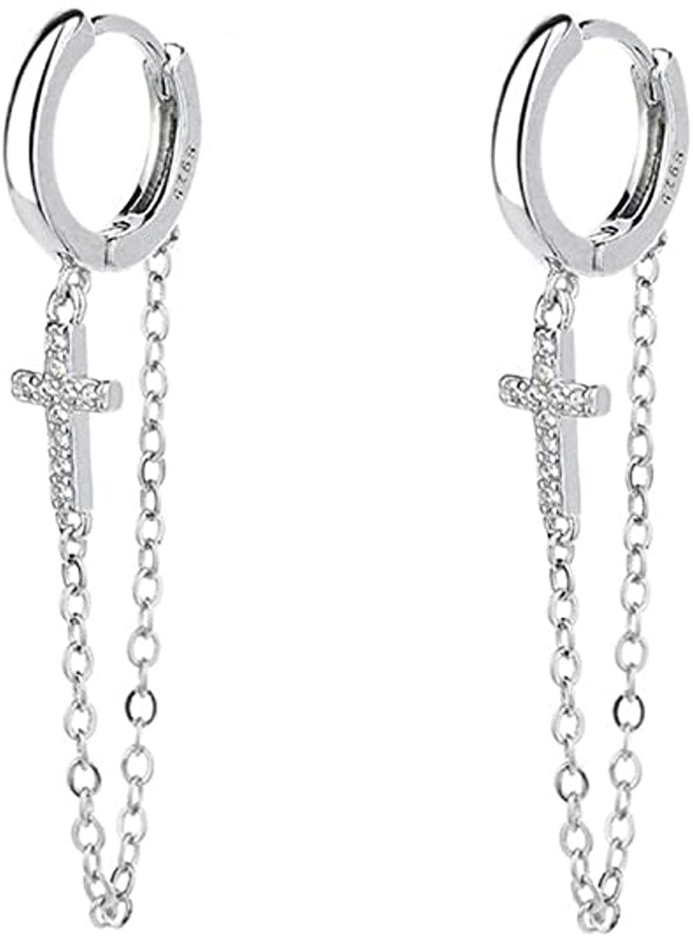 Tassel CZ Cross Dangle Drop Cartilage Small Hoop Earrings for Women Teenage Girls Dainty Threader Chain Hinged Huggie Little Hoops Hypoallergenic Piercing Cuffs Dangling Gifts Girlfriend Daughter