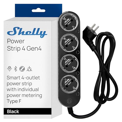 Shelly Power Strip 4 Gen4 Schwarz - Matter WLAN Mehrfachsteckdose, 4 Fach Smarte Steckdosenleiste, Leistungsmessung, 16A Total, 3500W, Zeitschaltuhr,