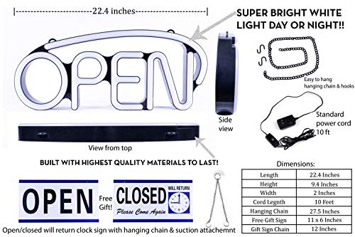 LED Neon Open Sign for Business - Bright White | Large for Business Displays 22.5'' x 9.5'' | Unique Modern Design | Five Steady and Flashing Modes | Includes Extra Will Return Open Closed Clock Sign