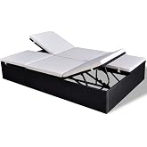 vidaXL Double Sun Lounger with Cushion Poly Rattan Black | Multiple backrest positions, Tough PE rattan build, Soft polyester padding