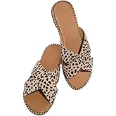 Jeimpoey Womens Studded Flat Sandals Open Toe Slip on Mule Slides Crossed Strap Slipper
