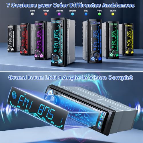 RDS Bluetooth Car Radio with Removable Faceplate, Wistrue Car Stereo Bluetooth with Remote Control, 4 x 65 W 1 DIN AM/FM Car Radio with MP3 Player and Two USB Ports Supports AUX/SD/iOS/Android (Multi-Colour)