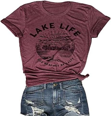 ZMLIA Lake Life T Shirt Short Sleeve Women Graphic Tee O-Neck Letter Print Summer Tops