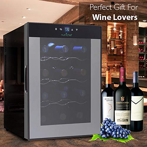NutriChef 12 Bottle Thermoelectric Red And White Wine Cooler/Chiller, Counter Top Wine Cellar with Digital Control, Freestanding Refrigerator, Smoked Glass Door, Quiet Operation Fridge