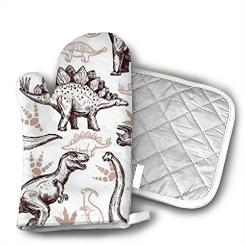 UFKEOJ Dinosaurs Footprint Oven Mitts,BBQ Microwave Baking Protective Glove and Hot Pot Heatproof Mat Set,Cotton, Machine Washable