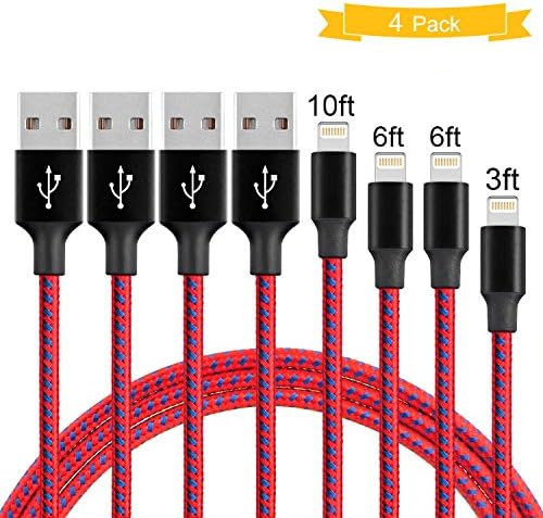 TASLA Charger Cable Extra Long Nylon Braided 4Pack 3FT 6FT 6FT 10FT USB Syncing Charging Cable Compatible Phone X 8 8 Plus 7 7 Plus 6s 6s Plus (Red and Blue)