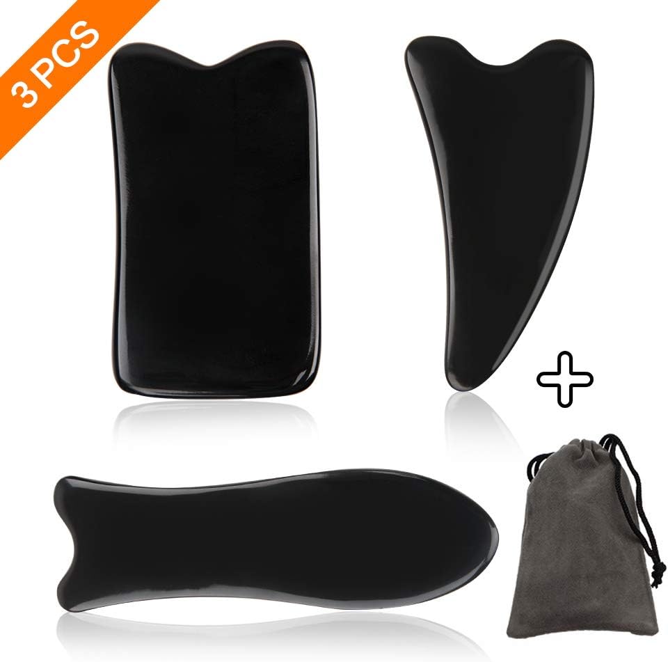 SAYOPIN Natural Buffalo Horn Guasha Scraping Massage Tool Set of 3 SPA Salon Acupuncture Skin Facial Care Treatment Therapy Trigger Point Treatment Lifting Your Face and Iymphatic Drainage.(Black)