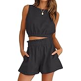 FANCYINN Women Summer 2 Piece Outfits Casual Crop Top Tank Sleeveless and Elastic Waist Pants Short Sets With Pocket