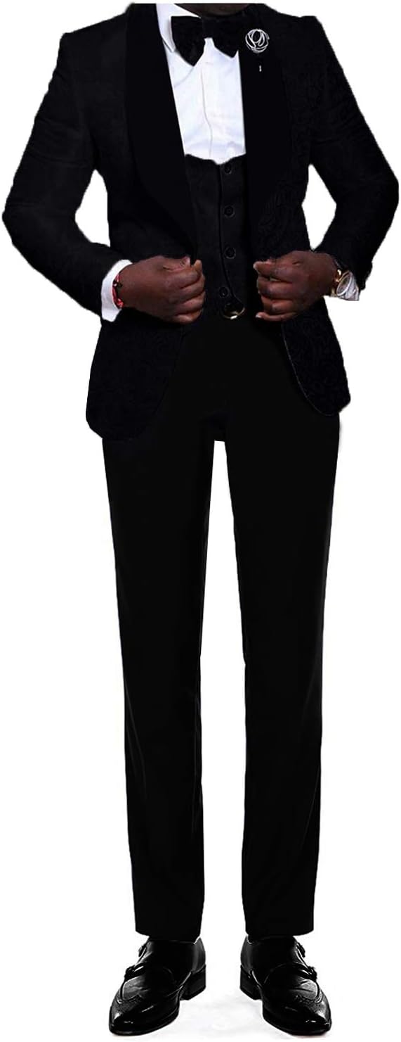 YSMO Men's Plaid 3-Piece Suit Slim One Button Tuxedo Jacket Pants Vest Set Wedding Blazer