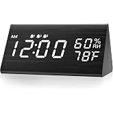 JALL Wooden Digital Alarm Clock for Bedrooms and Office, 3 Alarms with Big Digits, Humidity and Temperature Display, 6-Level Dimmer, Snooze, Loud Desk Clock for Heavy Sleepers, Plug in (Black)