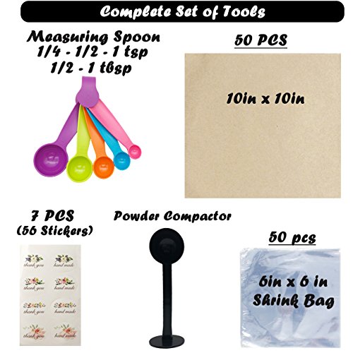 Bath Bomb DIY Kit,12PC Multi-shape Aluminum Molds(6 Hemispheres,2 tarfish,2 Heart,2 Shell),1x Powder Tamper,1 Set of Measuring Spoon,100x Wrapping Paper,50 Shrink Wrap Bag Crafting Starter Metal Set