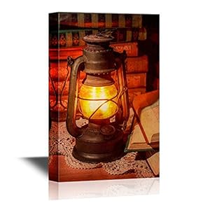Retro Style Canvas Wall Art - Old Oil Lamp and Old Books - Gallery Wrap Modern Home Art | Ready to Hang - 12x18 inches