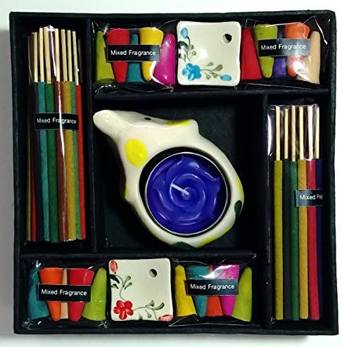 Premium Aroma Set, mix difference scent of 20 smokeless fragrance incense tubes, 20 incense cones, tealight flower candle &amp; 3 ceramic incense burner with handcrafted mulberry paper gift box (FL38)