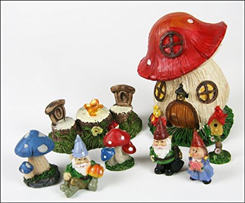 WorldWideSlides Mythical Miniature Fairy Garden 8 Piece Starter Set - Mushroom House - Trunk Table - Gnomes -Shroomtown Community