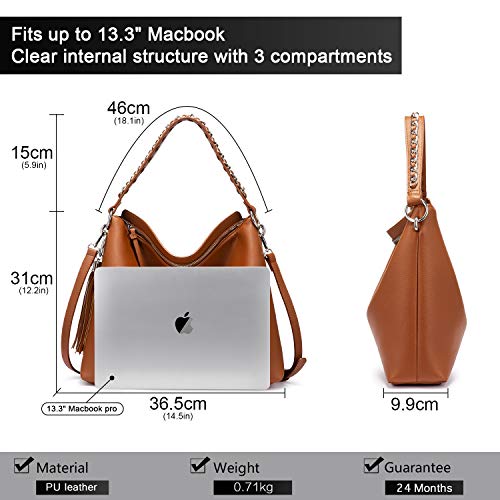 LOVEVOOK Sacs à main femme grand sac à bandoulière en simili cuir sac à bandoulière avec glands designer sac hobo lot de 2 petit sac cosmétique Marron