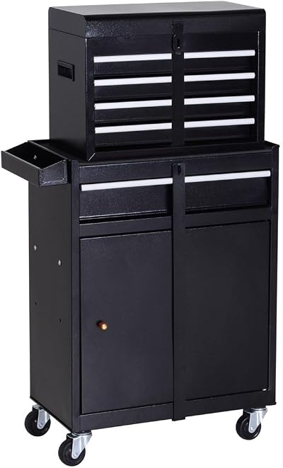DURHAND Tool Chest 2 in 1 Metal Cabinet 5 Drawers Pegboard Wheels 60x28x104.5cm