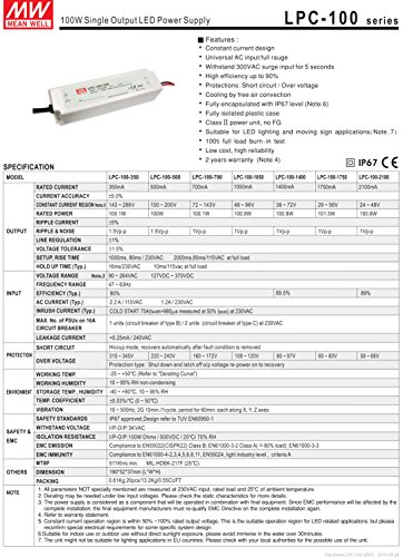 [PowerNex] Mean Well LPC-100-350 286V 350mA 100W Single Output LED Power Supply