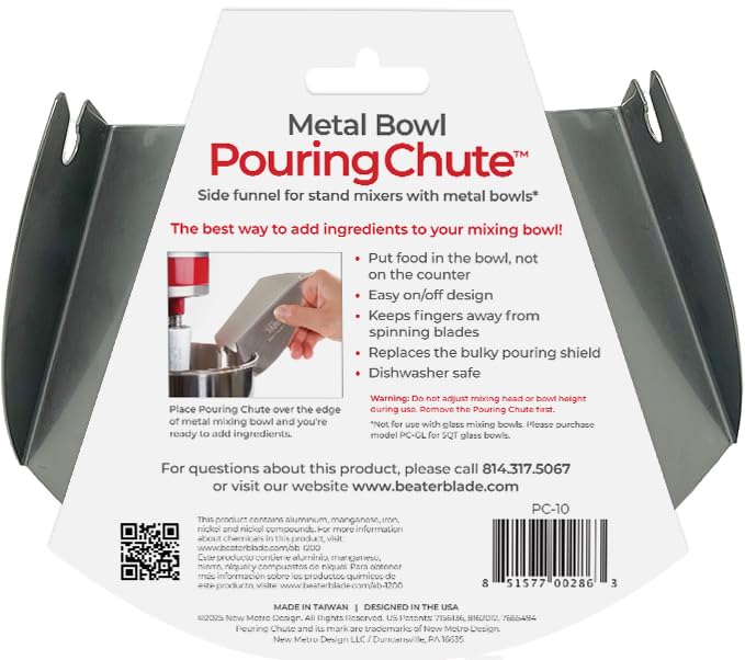 New Metro Design PC-10 Pouring Chute Compatible with KitchenAid Stand Mixer with Stainless Steel Bowl, Silver