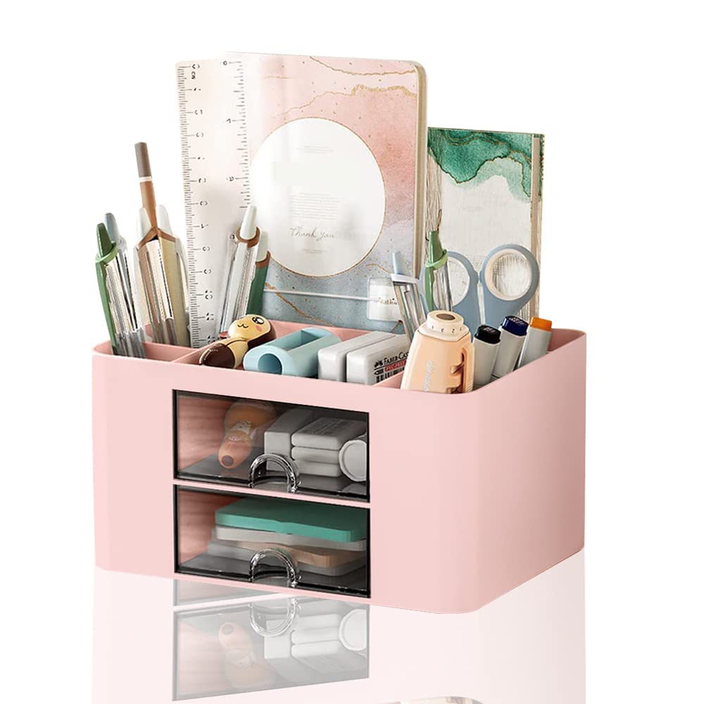 Jiahuade Desk Organizer with Drawer, Multifunction Desk Pen Holder with 7 Compartments, Plastic Desktop Organizer for Stationery, Office Pen Holder (Pink)