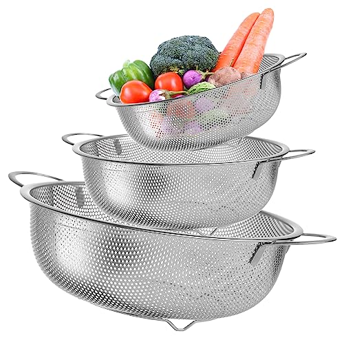 3Pcs Kitchen Colander, Microperforated Stainless Steel with Handle | Colander for Pasta, Fruits, Vegetables, Dishwasher Safe (16/22/28 cm)