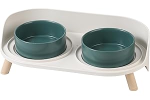 AHX Elevated Ceramic Cat Bowl Set - Raised Double Dishes for Food & Water - Non-Slip Stand & Splash Proof - for Cats & Puppies - 2 x 480 ML - 16.23 OZ