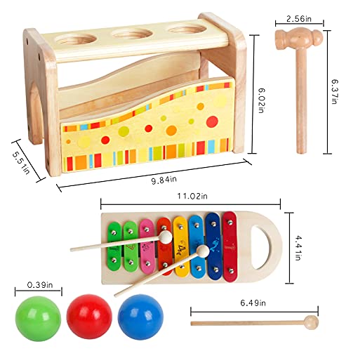 AMSWORD Colorful Wood Tap Xylophone Ball Drop Toy Bench Baby Musical Instruments Slide Rainbow