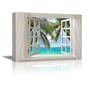Glimpse into Beautiful Tropical Beach with Palm Tree Out of Open Window - Canvas Art Wall Art - 24" x 36"