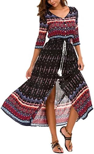 KorMei Womens Button Up Split Floral Print Flowy Party Long Bohemian Maxi Dress