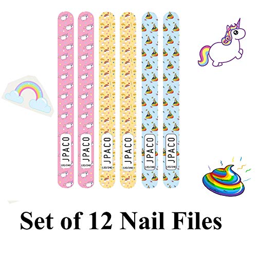 JPACO 12 PCS Professional Unicorn Nail Files 120 240 Grit Double Sided Washable Manicure - Thumbnail 6