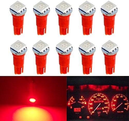 OneFly 10 Piece T5 5050 1-SMD LED Automotive Car Lights Bulb Dashboards Indicator Bulbs For All T5 Wedge Type 1SMD Red (Pack of 10)-Red