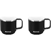 KEEPEE 4 oz Stackable Cup with Handle, Vacuum Insulated Espresso Coffee Cup with Ceramic Lining, Stainless Steel, 2 Pack, Black