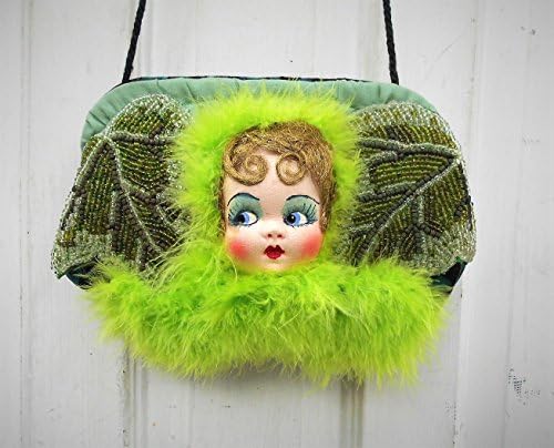 Flapper Night Out Purse, Flapper Face in Chartreuse Feather Boas, Flapper Marquee Lights &amp; Pale Green Marabou Feathers. One of a Kind!