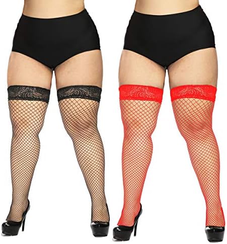 CURRMIEGO Women's Fishnet Thigh Highs Plus Size Stay-up Stocking with Lace top