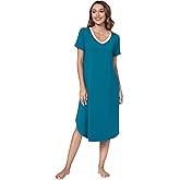 QUALFORT Womens Nightgowns Short Sleeve Nightgown V Neck Loungewear Side Slit Soft Nighdress