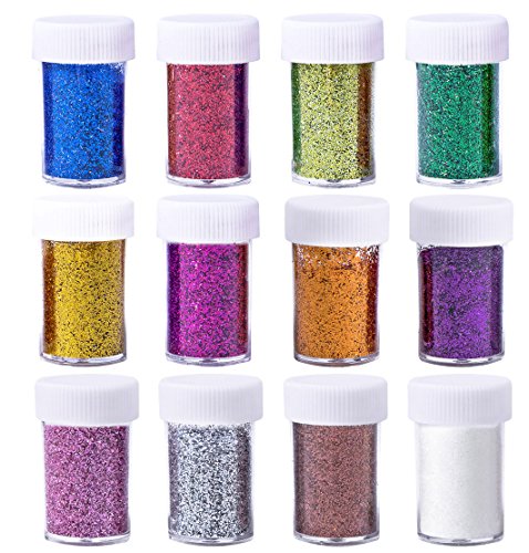 Korlon Glitter Powder Shakers, Extra Fine Glitter Set, Arts and Crafts Supplies Loose Cosmetic Glitter, Great for Slime, Scrapbooking, Face, Body, Nail Arts, Holiday Craft, Assorted Colors, Set of 12