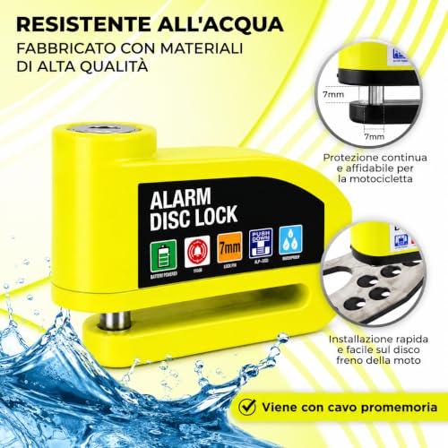 Hiridi - Bloccadisco Moto Lucchetto Moto Antifurto con Allarme Sonoro 110DB Sensori Movimento - Impermeabile Resistente - Blocco Pressione 7mm con Accessori - 1,5 m Cavo Promemoria - Lucchetto Borsa.