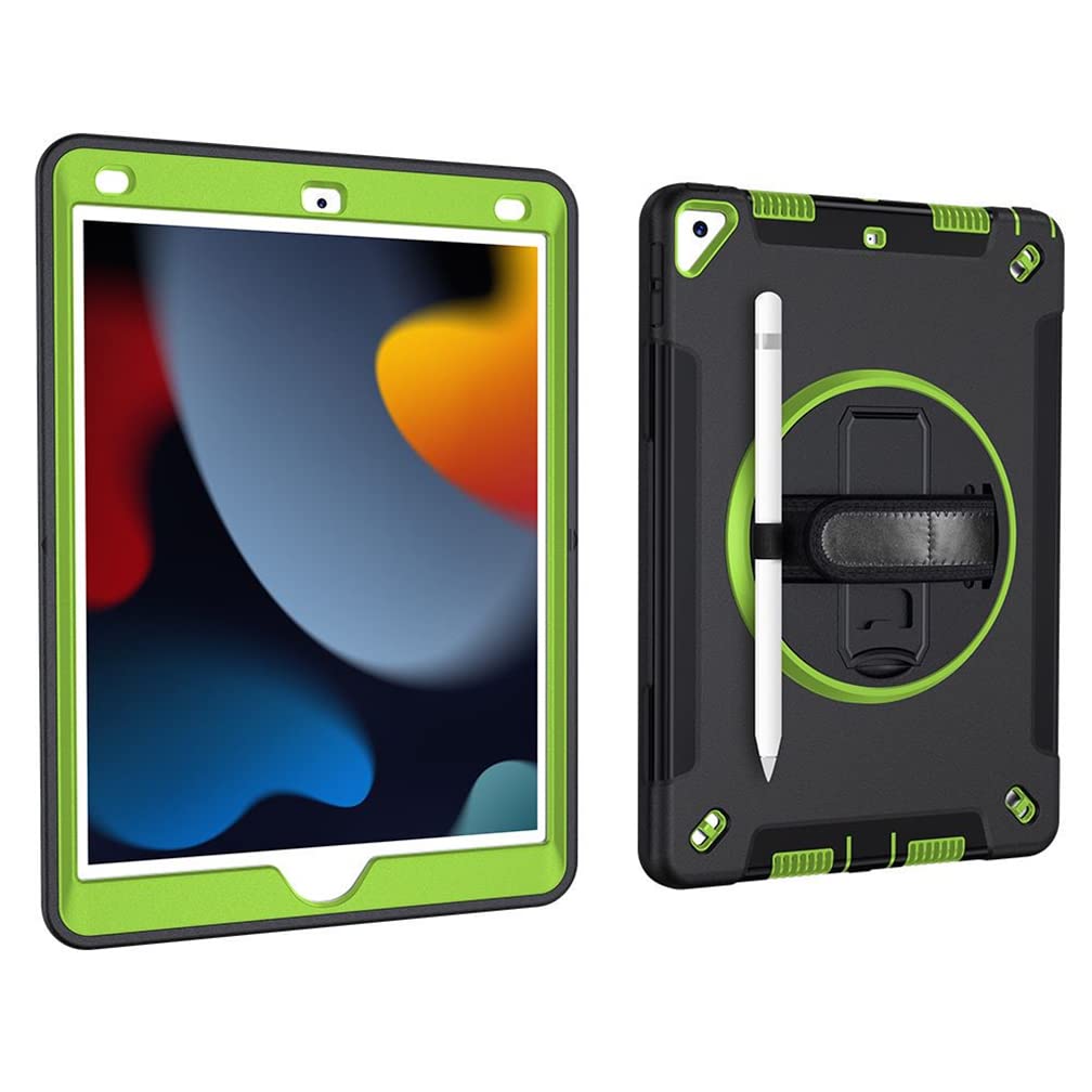 Case for iPad 10.2 Inch 9th/8th/7th gen 2021/2020/2019 with 3-in-1 design, Minimalist shockproof case with pen hanging and 360 degree rotatable stand wrist strap, Fruit Green