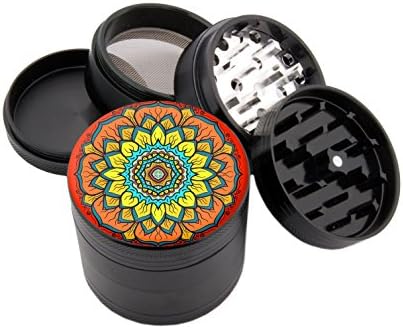 Pure Blossom Mandala - Custom Premium Herb Grinder - Four Piece with Pollen Catcher - (2.25", Black) - Zip Grinders
