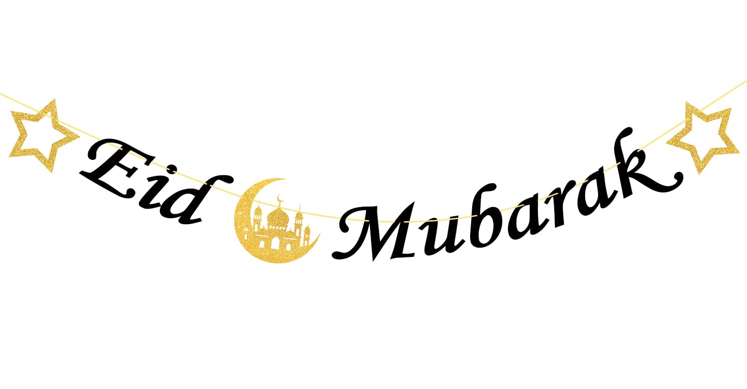 Eid Decorations,3M Eid Mubarak Banner with Gold Moon and Star,Mubarak Bunting Outdoor Decorations Set for Home Muslim Ramadan Party