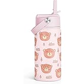 SANDJEST Bear Kids Water Bottle With Straw Lid 12oz Insulated Stainless Steel, Travel Tumbler, Bear Gifts For Boys Girls, Birthday, Christmas, Back To School