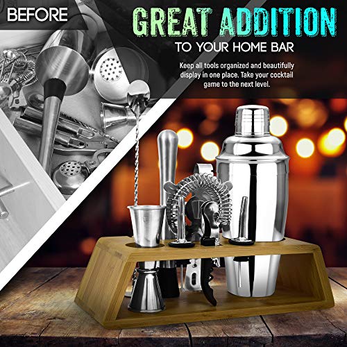 Bar Tools Bartender Tool Kit with Bonus Bar Mat (11 Piece) | Premium Bar Sets for The Home | Stainless Steel Cocktail Shaker Set and Bar Cart Accessories | Drink Mixer with Wooden Stand (Silver)
